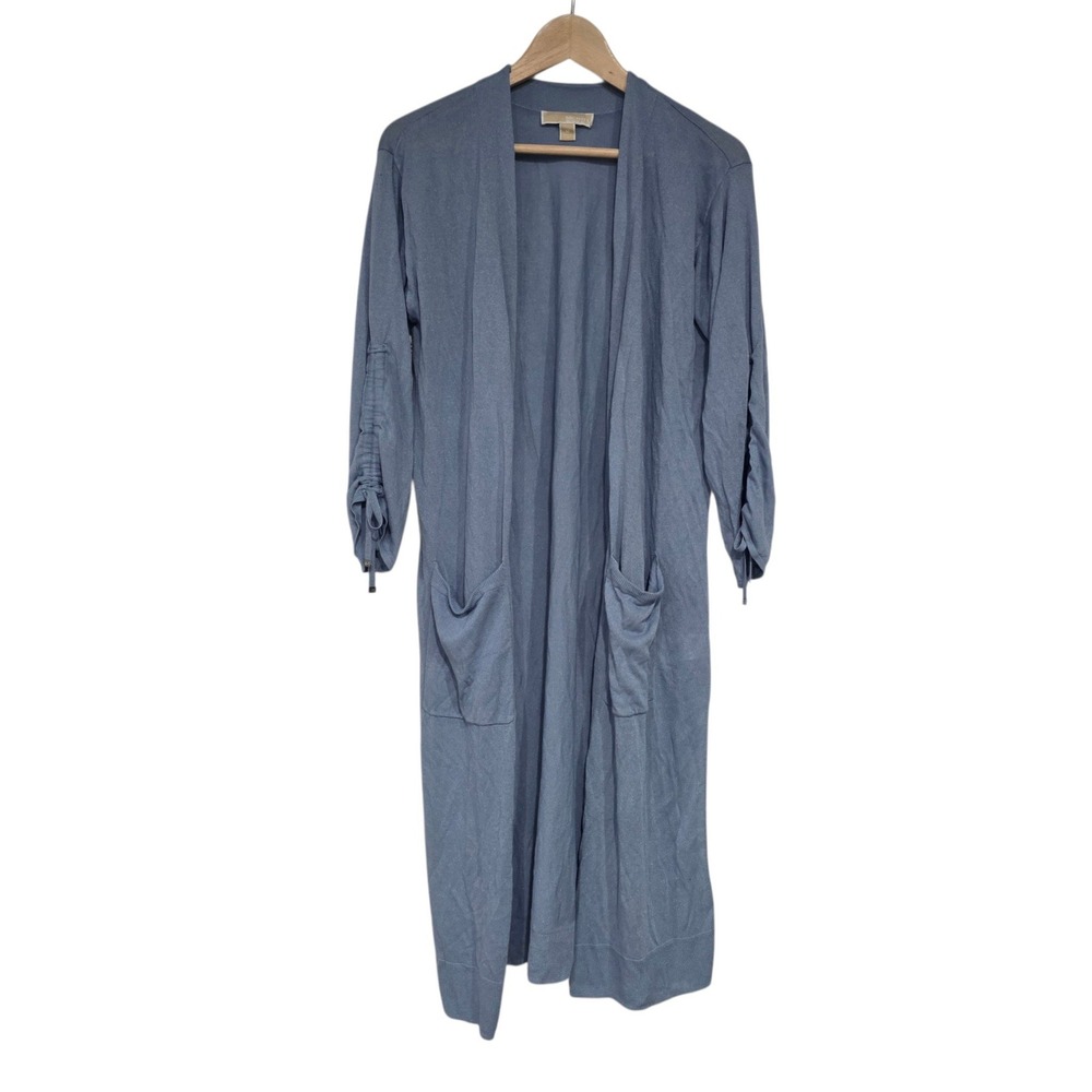Michael Kors Cardigan M Metallic Blue Ruched Sleeve Longline Duster Open Front